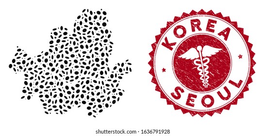 Vector mosaic Seoul city map and red round grunge stamp watermark with healthcare icon. Seoul city map collage designed with oval elements. Red round caduceus watermark, with grunge texture.