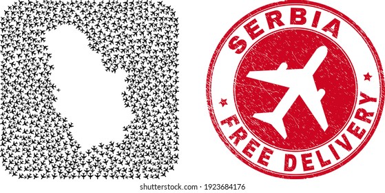 Vector mosaic Serbia map of air force elements and grunge Free Delivery stamp. Mosaic geographic Serbia map designed as hole from rounded square with shipping air force symbols.