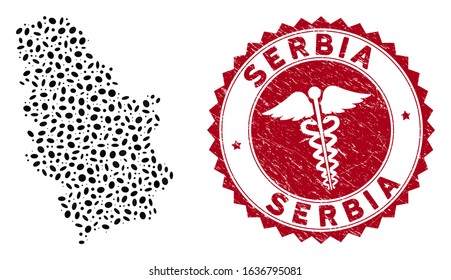 Vector mosaic Serbia map and red round corroded stamp seal with clinic sign. Serbia map collage formed with elliptic items. Red round health care seal stamp, with grunge texture.