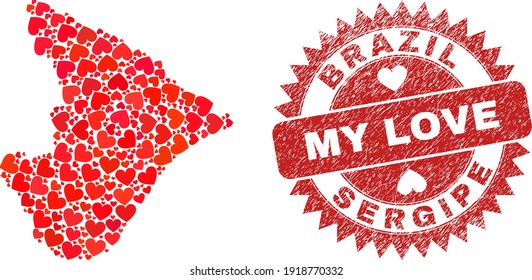 Vector mosaic Sergipe State map of love heart items and grunge My Love seal. Mosaic geographic Sergipe State map created using love hearts.