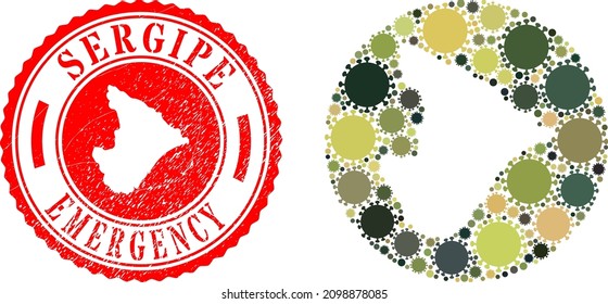Vector mosaic Sergipe State map of virus items and grunge EMERGENCY seal stamp.