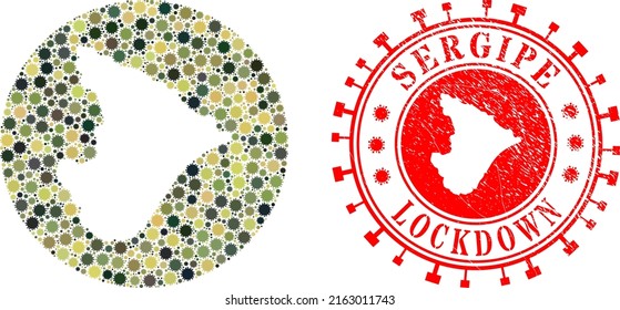 Vector mosaic Sergipe State map of sars virus icons and grunge LOCKDOWN badge. Mosaic geographic Sergipe State map constructed as stencil from circle with sars virus elements in camo army color hues.