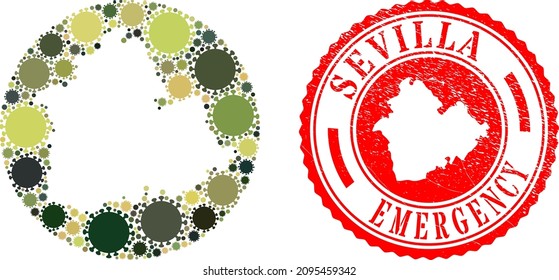 Vector mosaic Sevilla Province map of covid-2019 items and grunge EMERGENCY badge. Mosaic geographic Sevilla Province map designed as subtraction from circle with covid elements in camo army colors.