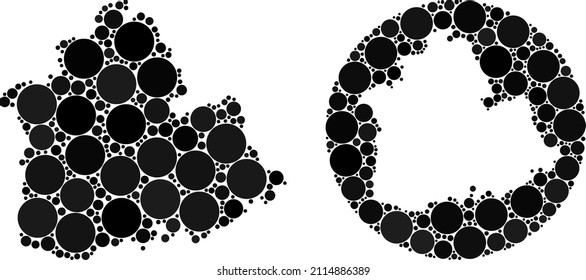 Vector mosaic Sevilla Province map of sphere parts. Mosaic geographic Sevilla Province map is designed as carved shape from round shape with round parts in black color hues.