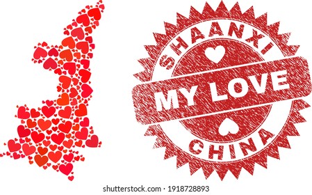 Vector mosaic Shaanxi Province map of valentine heart elements and grunge My Love badge. Mosaic geographic Shaanxi Province map created with valentine hearts.