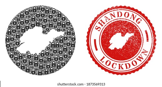 Vector mosaic Shandong Province map of locks and grunge LOCKDOWN seal. Mosaic geographic Shandong Province map constructed as stencil from circle with black locks.