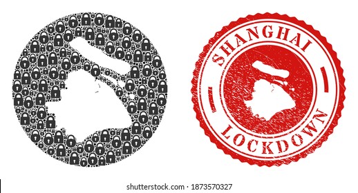 Vector mosaic Shanghai City map of locks and grunge LOCKDOWN seal. Mosaic geographic Shanghai City map designed as subtraction from circle with black locks.