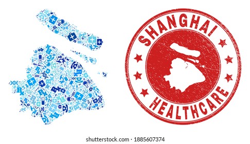 Vector mosaic Shanghai City map with treatment icons, medicine symbols, and grunge health care stamp. Red round seal with corroded rubber texture and Shanghai City map caption and map.