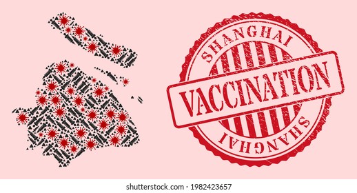 Vector mosaic Shanghai City map of covid-2019 virus, vaccine icons, and red grunge vaccine stamp. Virus particles and dose needles inside Shanghai City map.