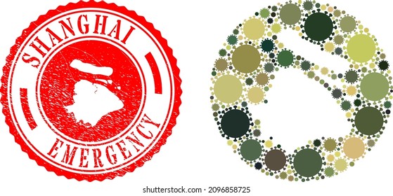Vector mosaic Shanghai City map of flu virus elements and grunge EMERGENCY seal stamp.