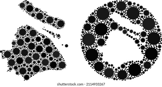 Mosaico vectorial de la ciudad de Shanghai, mapa de iconos del virus del SARS. Mapa geográfico mosaico de la ciudad de Shanghai creado como forma tallada de un círculo con elementos del virus sars en colores negros. Plantilla para advertencias médicas.