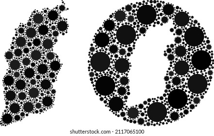 Mosaico vectorial de la provincia de Shanxi mapa de iconos cómodos. Mapa geográfico mosaico de la provincia de Shanxi diseñado como forma tallada de círculo con elementos covid-2019 en tonos de color negro.