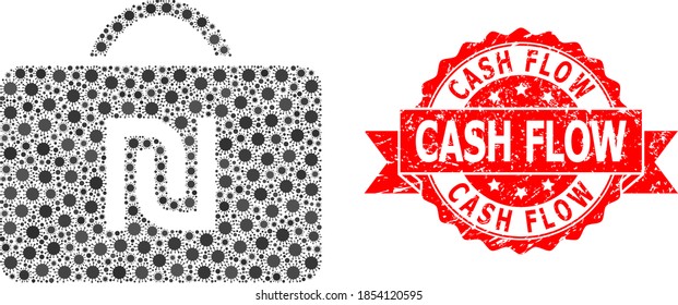 Vektor-Mosaik-Schekel-Fall des Virus, und Cash Flow korrodierte Bandsiegel. Viruszellen im Schekelfallmosaik. Rotes Siegel hat Cashflow-Text in Band.