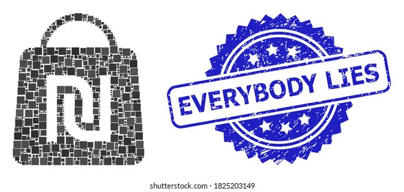 Vector mosaic shekel shopping bag, and Everybody Lies scratched rosette seal. Blue stamp seal has Everybody Lies tag inside rosette.