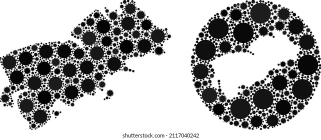 Vector mosaic Shikotan Island map of flu virus icons. Mosaic geographic Shikotan Island map created as subtraction from circle with flu virus icons in black colors. Template for epidemic templates.