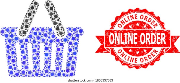 Vector mosaic shopping basket of flu virus, and Online Order unclean ribbon stamp seal. Virus particles inside shopping basket mosaic. Red stamp contains Online Order title inside ribbon.