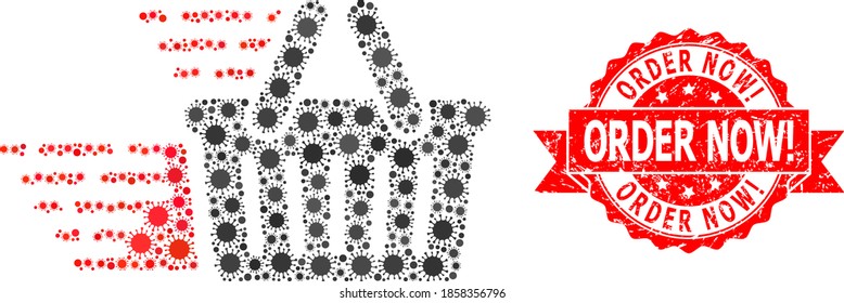 Vector mosaic shopping basket of virus, and Order Now! grunge ribbon stamp seal. Virus cells inside shopping basket mosaic. Red stamp seal includes Order Now! title inside ribbon.