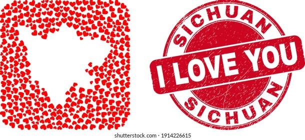 Vector mosaic Sichuan Province map of love heart elements and grunge love seal stamp. Mosaic geographic Sichuan Province map constructed as carved shape from rounded square shape with love hearts.