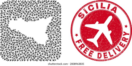 Vector mosaic Sicilia map of air force items and grunge Free Delivery stamp. Mosaic geographic Sicilia map constructed as carved shape from rounded square shape with coming out air planes.