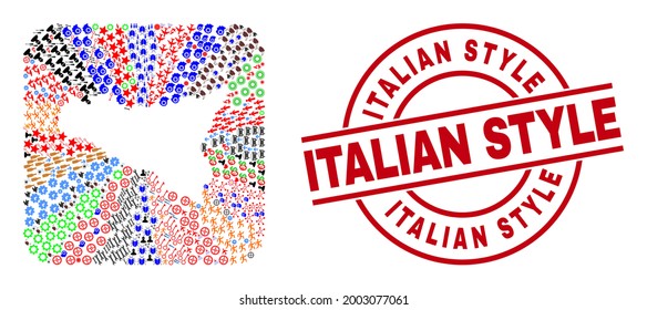 Vector mosaic Sicilia map of different pictograms and Italian Style seal stamp. Mosaic Sicilia map constructed as hole from rounded square. Red round stamp with Italian Style caption.
