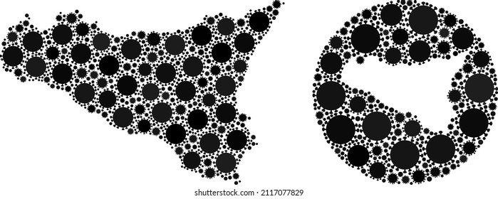 Mosaico vectorial Sicilia mapa de los ítems del virus sars. Mapa de Sicilia geográfico mosaico construido como sustracción de círculo con elementos covid-2019 en colores negros. Plantilla para plantillas de seguridad.