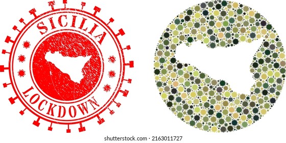 Mapa de Sicilia de mosaico vectorial de elementos del virus y sello LOCKDOWN de grunge. Mapa geográfico mosaico de Sicilia construido en forma tallada de círculo con iconos del coronavirus en colores del ejército de camuflaje.