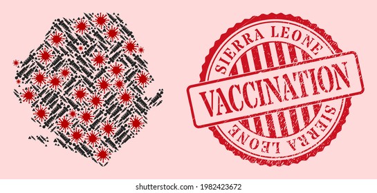 Vector mosaic Sierra Leone map of corona virus, vaccine icons, and red grunge vaccine seal stamp. Virus cells and vaccine items inside Sierra Leone map.