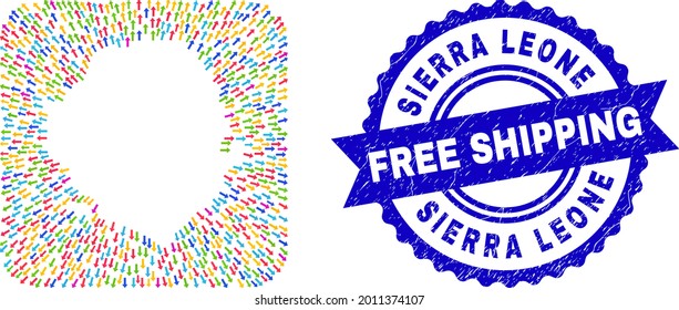 Vector mosaic Sierra Leone map of motion arrows and scratched Free Shipping seal. Mosaic Sierra Leone map created as subtraction from rounded square with motion arrows.