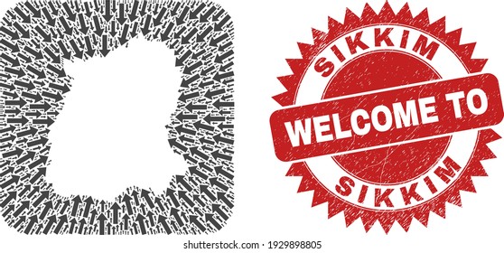 Vector mosaic Sikkim State map of immigration arrows and grunge Welcome badge. Mosaic geographic Sikkim State map designed as hole from rounded square shape with pointer arrows.