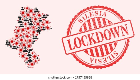 Vector mosaic Silesian Voivodeship map of SARS virus, masked men and red grunge lockdown seal stamp. Virus cells and men in masks inside Silesian Voivodeship map.