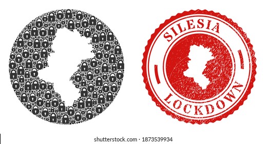 Vector mosaic Silesian Voivodeship map of locks and grunge LOCKDOWN stamp. Mosaic geographic Silesian Voivodeship map constructed as stencil from round shape with black locks.