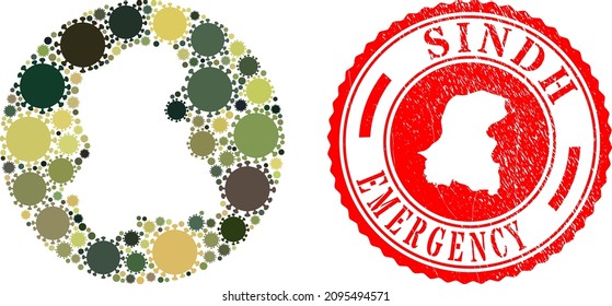 Mapa de mosaico vectorial de la provincia de Sindh de iconos covid-2019 y estampado de EMERGENCIA grunge.