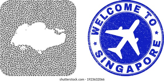 Vector Mosaik Singapur Karte der Luftfracht Artikel und Grunge Willkommensschild. Mosaik geographische Singapur-Karte als Gestank vom abgerundeten Platz mit Lufttourismus.