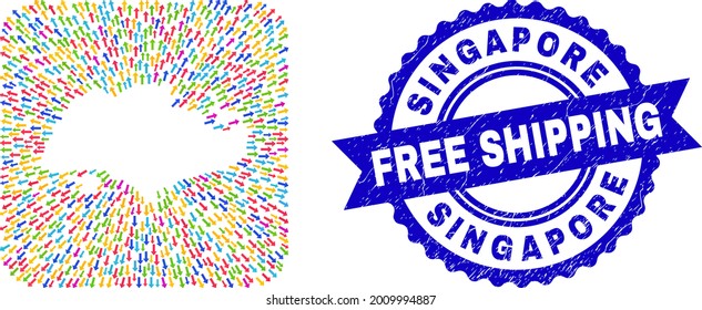 Vector mosaic Singapore map of arrows and rubber Free Shipping seal. Mosaic Singapore map created as carved shape from rounded square shape with motion arrows.