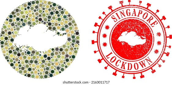 Vector mosaic Singapore map of flu virus icons and grunge LOCKDOWN badge. Mosaic geographic Singapore map constructed as stencil from circle with virus outbreak icons in camouflage military colors.