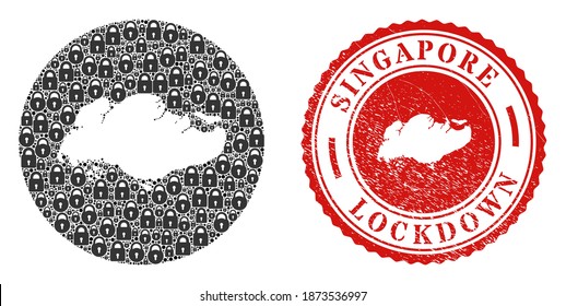 Mosaico vectorial de Singapur mapa de cerraduras y sello de sello LOCKDOWN. Mapa geográfico mosaico de Singapur diseñado como forma tallada de un círculo con cerraduras negras.