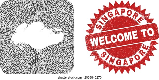 Vector mosaic Singapore map of navigation arrows and rubber Welcome seal. Mosaic geographic Singapore map designed as carved shape from rounded square shape using delivery arrows.
