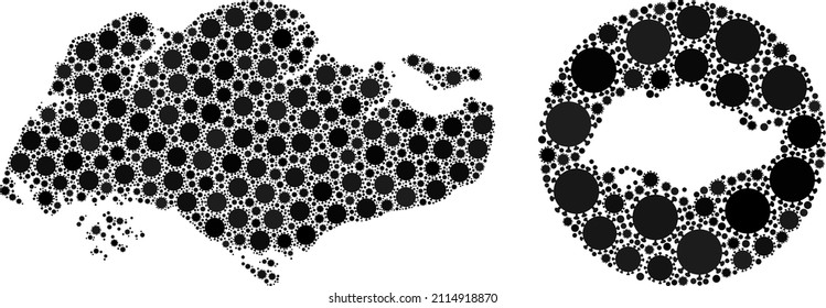 Mapa de mosaico vectorial de Singapur de elementos del virus SARS. Mapa geográfico mosaico de Singapur creado como forma tallada a partir de forma redonda con elementos cómodos en tonos de color negro. Plantilla para afiches de brotes.