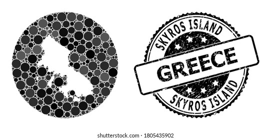 Vector mosaic Skyros Island map from round dots, and grey watermark seal. Stencil round Skyros Island map collage formed with circles in different sizes, and dark grey color hues.