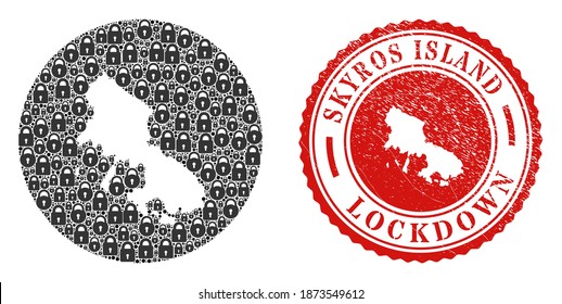 Vector mosaic Skyros Island map of locks and grunge LOCKDOWN seal. Mosaic geographic Skyros Island map created as carved shape from circle with black locks.