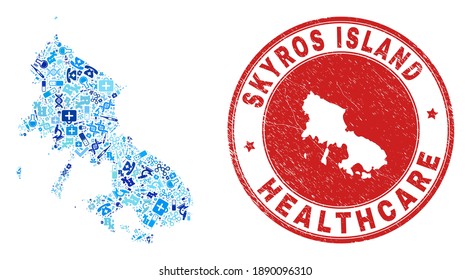 Vector mosaic Skyros Island map with syringe icons, test symbols, and grunge health care seal stamp. Red round seal with corroded rubber texture and Skyros Island map text and map.