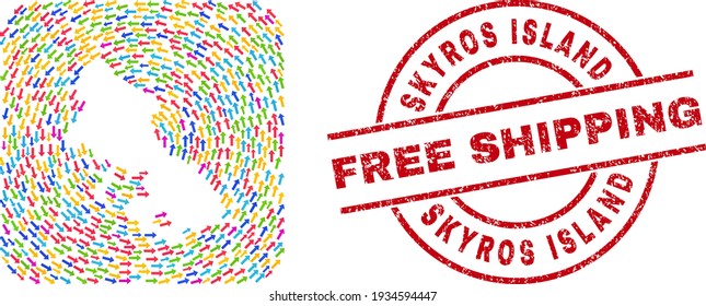 Vektor Mosaik Skyros Island Karte von zeigenden Pfeilen und grunge kostenlosen Versandstempel. Mosaik geographische Skyros Island Karte mit farbigen Lieferpfeilen innerhalb eines abgerundeten Quadrats.