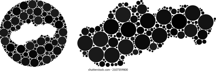 Vector mosaic Slovakia map of round dots. Mosaic geographic Slovakia map is created as carved shape from circle with circle dots in black colors. Dotted vector mosaic Slovakia map.