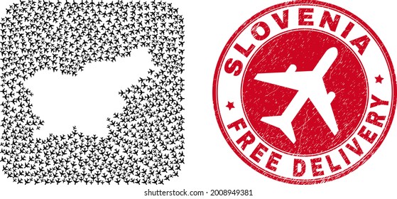 Vector mosaic Slovenia map of jet vehicle items and grunge Free Delivery seal stamp. Mosaic geographic Slovenia map created as hole from rounded square shape with flying out jet vehicles.