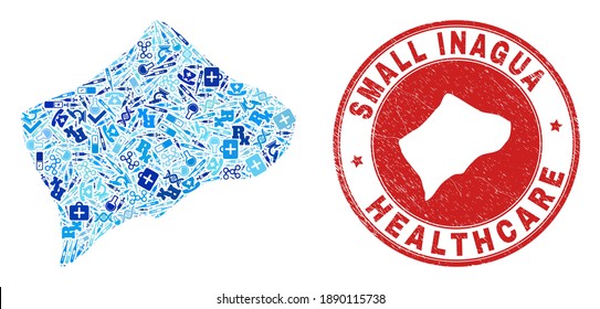 Vector mosaic Small Inagua Island map with medical icons, laboratory symbols, and grunge doctor imprint. Red round imprint with grunge rubber texture and Small Inagua Island map tag and map.