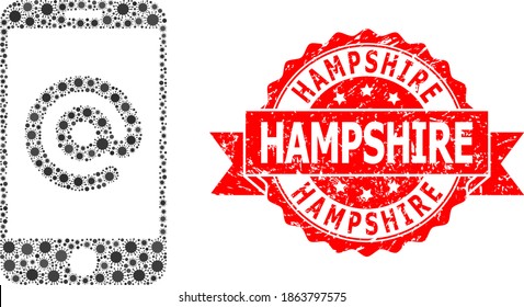 Vektor-Mosaik Smartphone-Adresse des Corona-Virus, und Hampshire Gummi-Band-Stempel-Siegel. Virusartikel innerhalb des Smartphone-Adressmosaiks. Rote Stempelrobbe enthält Hampshire-Anhänger in der Schleife.