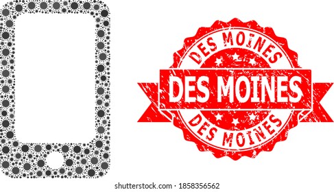Vector mosaic smartphone of covid-2019 virus, and Des Moines scratched ribbon seal. Virus cells inside smartphone mosaic. Red seal contains Des Moines title inside ribbon.