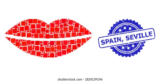 Vector mosaic smile lips, and Spain, Seville textured rosette stamp. Blue stamp seal has Spain, Seville title inside rosette. Square dots are organized into abstract mosaic smile lips icon.