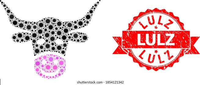 Vector mosaic smiled cow head of corona virus, and Lulz grunge ribbon stamp. Virus cells inside smiled cow head mosaic. Red stamp contains Lulz title inside ribbon.