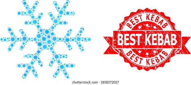 Copo de nieve con mosaico vectorial de coronavirus y sello de marca de cinta inmundo Best Kebab. Elementos de virus dentro del mosaico de copos de nieve. El sello rojo tiene la leyenda Best Kebab dentro de la cinta.
